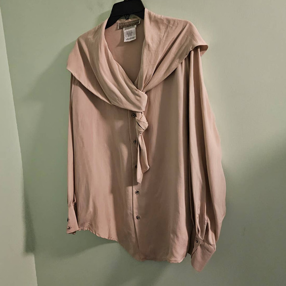 VINTAGE 1980s Anne Pinkerton Collection Beige Silk Blouse Est. Size XL - Picture 3 of 12